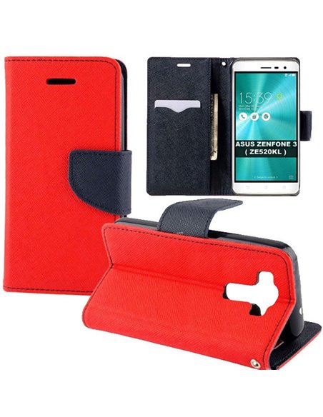 CUSTODIA per ASUS ZENFONE 3 (ZE520KL), 5.2' POLLICI - FLIP ORIZZONTALE CON INTERNO IN TPU, STAND E PORTA CARTE COLORE ROSSO