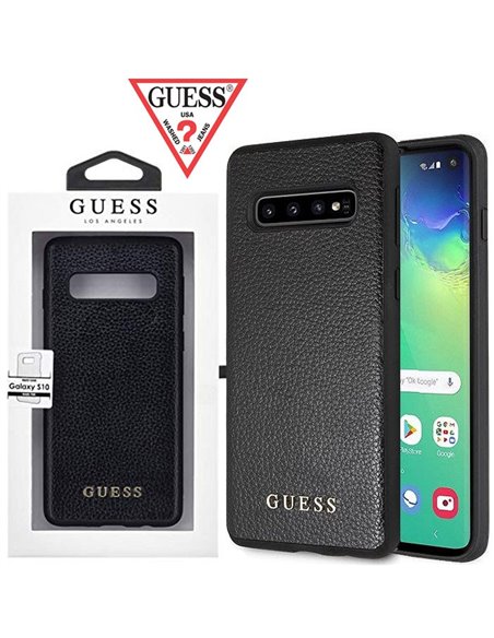 CUSTODIA per SAMSUNG GALAXY S10 (SM-G973) BACK RIGIDA IN SIMILPELLE COLORE NERO CON SCRITTA GUESS IN METALLO ORO BLISTER