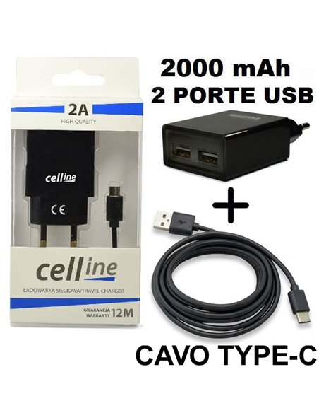 CARICATORE DA RETE 2000mAh CON 2 PORTE USB + CAVO TYPE-C - LUNGHEZZA 1 MT COLORE NERO CELLINE BLISTER (TC00.TYPE-C.2A.CL.NE)