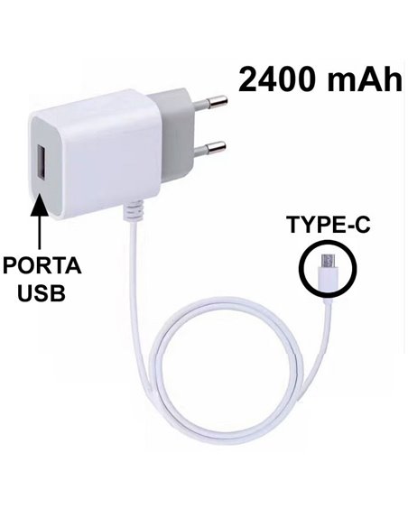 CARICATORE DA RETE 2100mAh CON CONNETTORE TYPE-C +1 PORTA USB - LUNGHEZZA CAVO 1,15 MT COLORE BIANCO (TC00.TYPE-C.04.21A.BI)