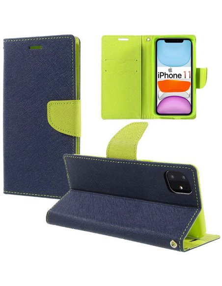 CUSTODIA per APPLE IPHONE 11 (6.1') - FLIP ORIZZONTALE CON INTERNO IN TPU SILICONE, STAND E TASCHE PORTA CARTE COLORE BLU