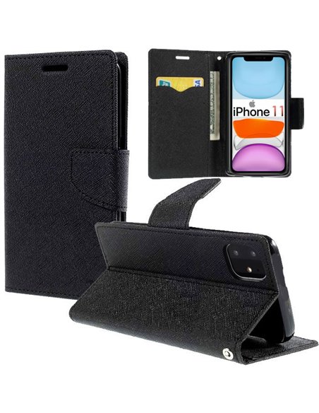 CUSTODIA per APPLE IPHONE 11 (6.1') - FLIP ORIZZONTALE CON INTERNO IN TPU SILICONE, STAND E TASCHE PORTA CARTE COLORE NERO