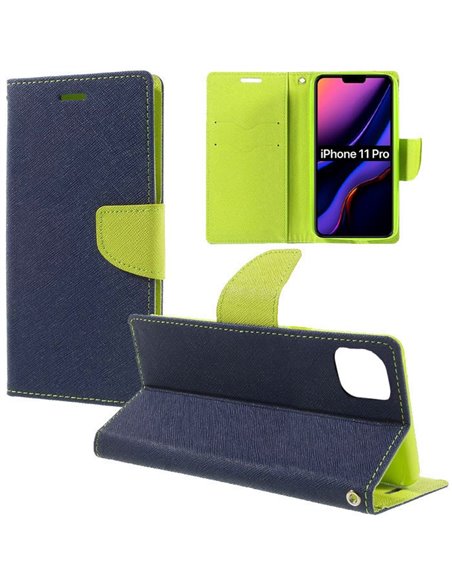 CUSTODIA per APPLE IPHONE 11 PRO (5.8') - FLIP ORIZZONTALE CON INTERNO IN TPU SILICONE, STAND E TASCHE PORTA CARTE COLORE BLU