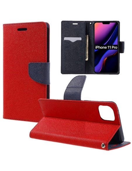 CUSTODIA per APPLE IPHONE 11 PRO (5.8') - FLIP ORIZZONTALE CON INTERNO IN TPU SILICONE, STAND E TASCHE PORTA CARTE COLORE ROSSO