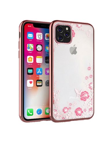 CUSTODIA per APPLE IPHONE 11 PRO (5.8') IN GEL TPU SILICONE TRASPARENTE CON CORNICE COLORE ROSA ORO FANTASIA FIORI CON STRASS