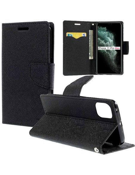 CUSTODIA per APPLE IPHONE 11 PRO MAX (6.5') - FLIP ORIZZONTALE CON INTERNO IN TPU SILICONE, STAND E TASCHE PORTA CARTE COLORE NE