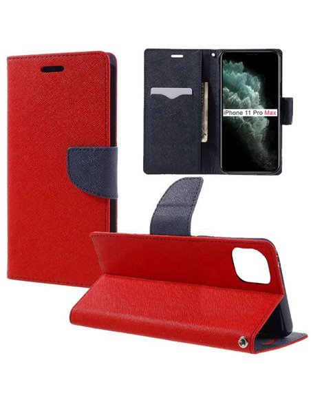 CUSTODIA per APPLE IPHONE 11 PRO MAX (6.5') - FLIP ORIZZONTALE CON INTERNO IN TPU SILICONE, STAND E TASCHE PORTA CARTE COLORE RO