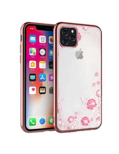 CUSTODIA per APPLE IPHONE 11 PRO MAX (6.5') IN GEL TPU SILICONE TRASPARENTE CON CORNICE COLORE ROSA ORO FANTASIA FIORI CON STRAS