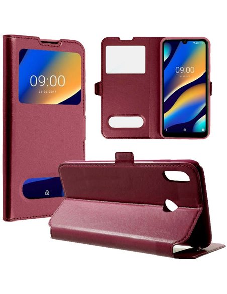 CUSTODIA per WIKO VIEW 3 LITE - FLIP ORIZZONTALE SIMILPELLE CON INTERNO IN TPU SILICONE E DOPPIA FINESTRA ID BORDEAUX