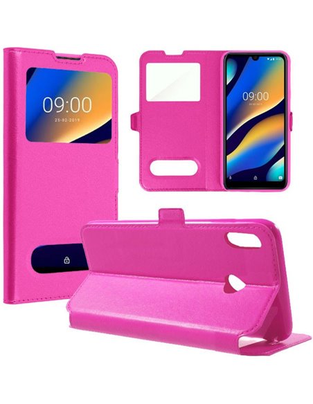 CUSTODIA per WIKO VIEW 3 LITE - FLIP ORIZZONTALE SIMILPELLE CON INTERNO IN TPU SILICONE E DOPPIA FINESTRA ID COLORE ROSA