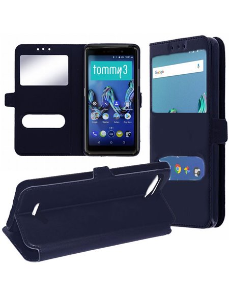 CUSTODIA per WIKO TOMMY 3 - FLIP ORIZZONTALE SIMILPELLE CON INTERNO IN TPU SILICONE E DOPPIA FINESTRA ID COLORE BLU SCURO