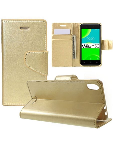 CUSTODIA per WIKO Y50, SUNNY 4 - FLIP ORIZZONTALE SIMILPELLE CON INTERNO IN TPU SILICONE, STAND E TASCHE PORTA CARTE ORO