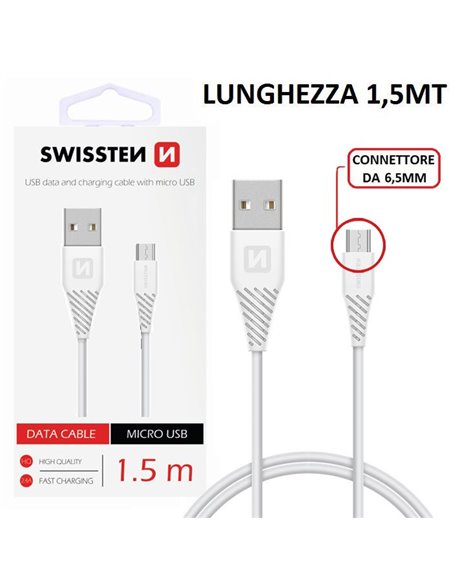 CAVO MICRO USB CON CONNETTORE DA 6,5 MM - LUNGHEZZA 1,5 MT COLORE BIANCO SWISSTEN 71504300 BLISTER