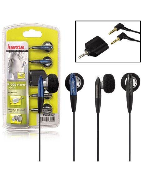 SET 2 AURICOLARI STEREO PER DISPOSITIVI CON ATTACCO JACK 3,5MM + ADATTATORE AUDIO JACK 3,5mm MASCHIO A 2 JACK 3,5mm FEMMINA HAMA