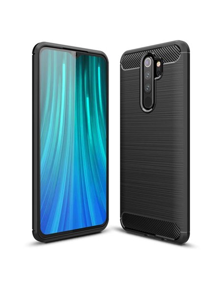 CUSTODIA per XIAOMI REDMI NOTE 8 PRO IN GEL TPU SILICONE EFFETTO METALLICO CON INSERTI IN FANTASIA CARBONIO COLORE NERO