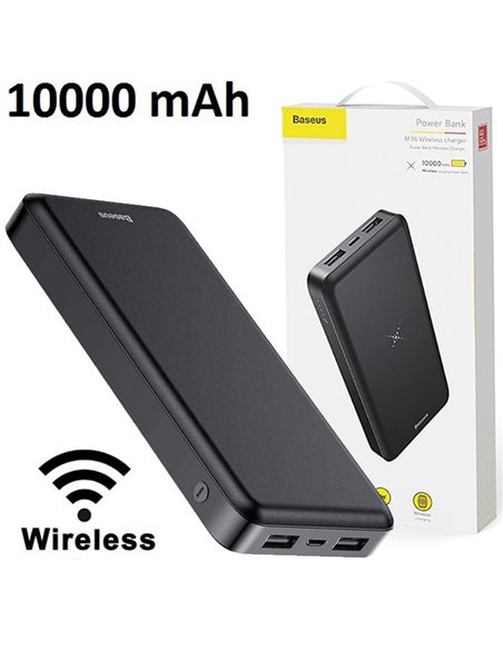 BATTERIA ESTERNA UNIVERSALE 10000 mAh CON 2 PORTE USB DA 1000 E 2100mAh, SISTEMA DI RICARICA WIRELESS NERO BASEUS BLISTER