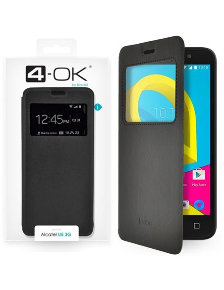 CUSTODIA per ALCATEL U5 3G (NO 4G) FLIP ORIZZONTALE SIMLPELLE CON FINESTRA ID COLORE NERO ALTA QUALITA' 4-OK BLISTER