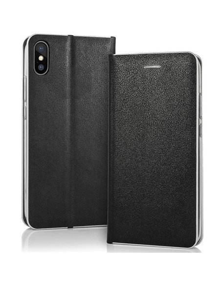 CUSTODIA per APPLE IPHONE X, XS - FLIP ORIZZONTALE CON CHIUSURA MAGNETICA INVISIBILE, INTERNO IN TPU NERO BORDO SILVER