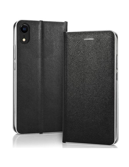 CUSTODIA per APPLE IPHONE XR (6.1') - FLIP ORIZZONTALE CON CHIUSURA MAGNETICA INVISIBILE, INTERNO IN TPU NERO BORDO SILVER