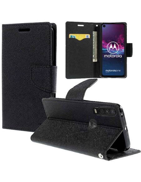 CUSTODIA per MOTOROLA ONE ACTION (6.3') - FLIP ORIZZONTALE CON INTERNO IN TPU, STAND, PORTA CARTE E CHIUSURA MAGNETICA COLORE NE