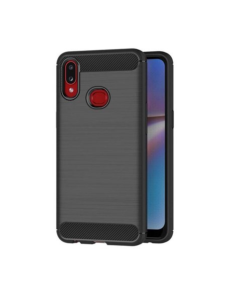 CUSTODIA per SAMSUNG GALAXY A10s (SM-A107) IN GEL TPU SILICONE EFFETTO METALLICO CON INSERTI IN FANTASIA CARBONIO COLORE NERO