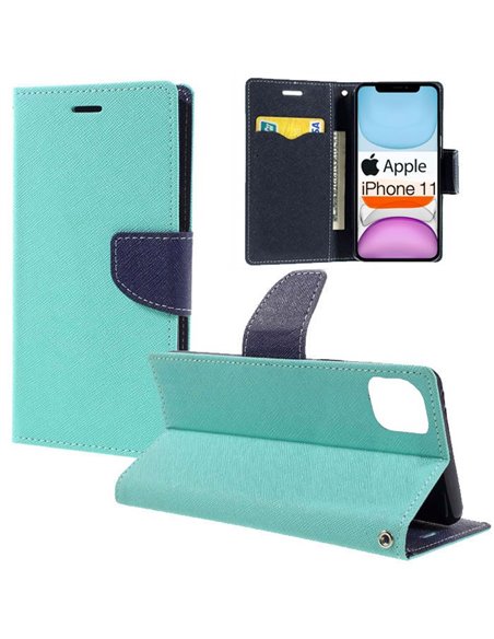 CUSTODIA per APPLE IPHONE 11 (6.1') - FLIP ORIZZONTALE CON INTERNO IN TPU SILICONE, STAND E PORTA CARTE COLORE VERDE ACQUA