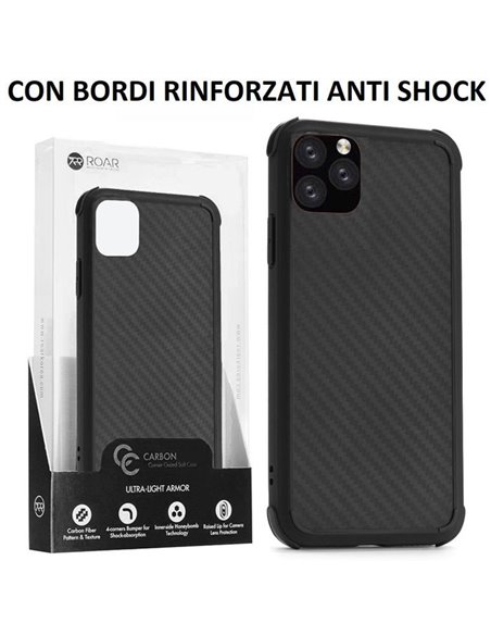 CUSTODIA per APPLE IPHONE 11 PRO (5.8')  IN GEL TPU SILICONE NERO EFFETTO CARBONIO CON BORDI RINFORZATI ANTI SHOCK ROAR BLISTER