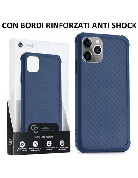 CUSTODIA per APPLE IPHONE 11 PRO MAX (6.5') IN TPU SILICONE BLU EFFETTO CARBONIO CON BORDI RINFORZATI ANTI SHOCK ROAR BLISTER