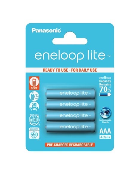 BATTERIE MINISTILO RICARICABILI AAA 550mAh 1.2V HR03 PRECARICATE 'READY TO USE' BLISTER 4PZ PANASONIC ENELOOP LITE - NEW PACKAGI