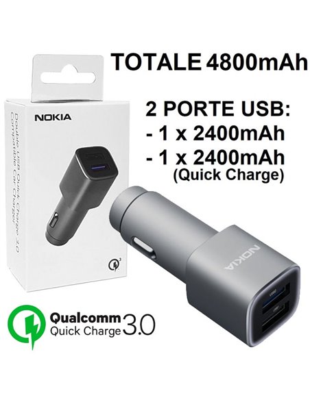 CAVO AUTO USB ORIGINALE NOKIA (TOT.4800mAh) CON 1 PORTA USB 2400mAh + 1 PORTA USB 2400mAh (QUICK CHARGE 3.0) COLORE SILVER