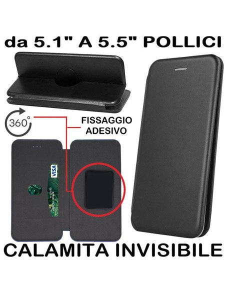 CUSTODIA FLIP ORIZZONTALE UNIVERSALE CON FISSAGGIO ADESIVO, CHIUSURA MAGNETICA INVISIBILE E ROTAZIONE 360Â° - 153x77mm NERO