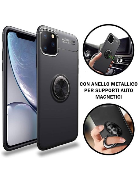 CUSTODIA per APPLE IPHONE 11 PRO (5.8') IN GEL TPU SILICONE CON SUPPORTO AD ANELLO METALLICO GIREVOLE COLORE NERO