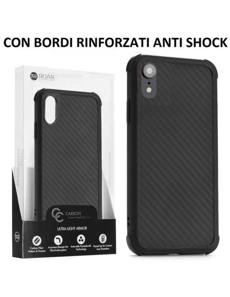 CUSTODIA per APPLE IPHONE XR (6.1') IN GEL TPU SILICONE NERO EFFETTO CARBONIO CON BORDI RINFORZATI ANTI SHOCK ROAR BLISTER