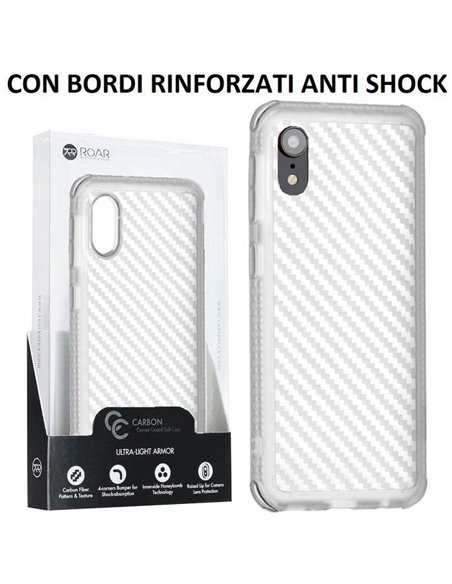 CUSTODIA per APPLE IPHONE XR (6.1') IN TPU BIANCO TRASPARENTE EFFETTO CARBONIO CON BORDI RINFORZATI ANTI SHOCK ROAR BLISTER