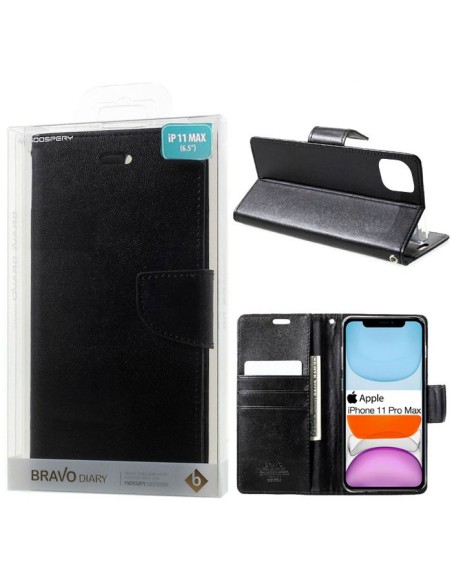 CUSTODIA per APPLE IPHONE 11 PRO MAX (6.5') - FLIP ORIZZONTALE SIMILPELLE CON INTERNO IN TPU E STAND NERO BRAVO MERCURY BLISTER