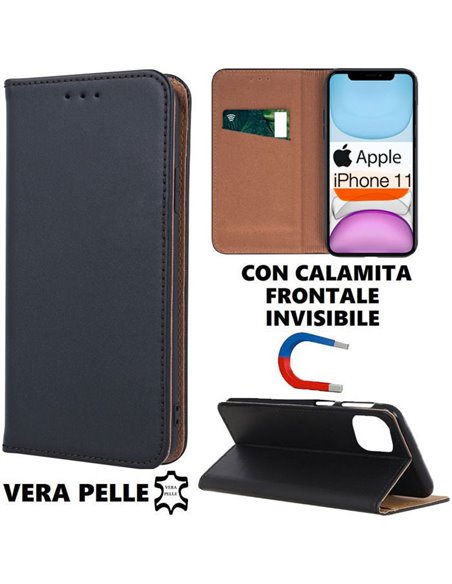 CUSTODIA per APPLE IPHONE 11 (6.1') - FLIP ORIZZONTALE VERA PELLE CON CHIUSURA MAGNETICA INVISIBILE E INTERNO IN TPU NERO