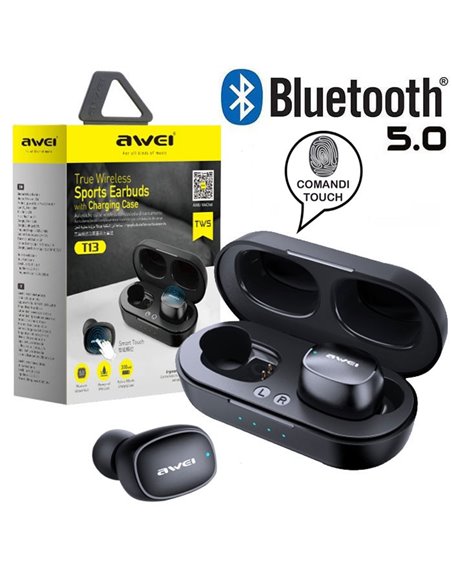 AURICOLARI BLUETOOTH 5.0 AWEI T13 CON COMANDI TOUCH, RIDUZIONE DEL RUMORE E CUSTODIA DI RICARICA COLORE NERO BLISTER