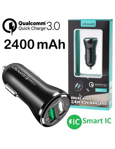 CARICATORE AUTO 2400mAh CON 2 PORTE USB (1 PORTA QUICK CHARGE 3.0) E SMART IC COLORE NERO USAMS US-CC028 BLISTER
