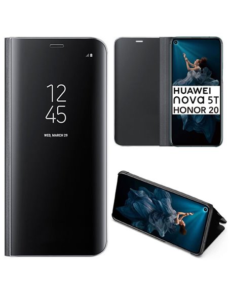 CUSTODIA per HUAWEI HONOR 20, NOVA 5T - FLIP ORIZZONTALE CLEAR VIEW STANDING COVER COLORE NERO