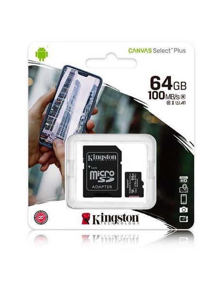MEMORY CARD MICRO SDXC U1 A1 64GB + ADATTATORE CLASSE 10 VELOCITA' IN LETTURA FINO A 100MB/s FULL HD SDCS2/64GB KINGSTON