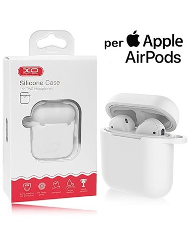 CUSTODIA IN GEL TPU SILICONE PER APPLE AIRPODS CON PROTEZIONE DEL PULSANTE E FORO DI AGGANCIO COLORE BIANCO XO BLISTER