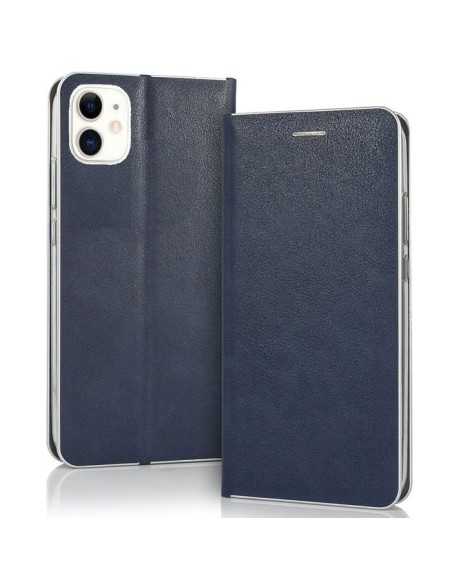 CUSTODIA per APPLE IPHONE 11 (6.1') - FLIP ORIZZONTALE CON CHIUSURA MAGNETICA INVISIBILE, INTERNO IN TPU BLU BORDO SILVER