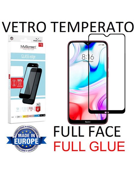 PELLICOLA per XIAOMI REDMI 8, REDMI 8A, REDMI 8A PRO IN VETRO TEMPERATO FULL FACE 9H FULL GLUE 0,33mm CON CORNICE NERA MYSCREEN