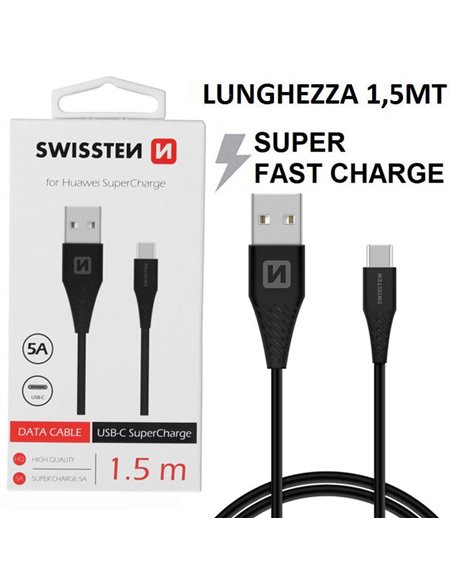 CAVO USB TYPE-C CON SUPPORTO SUPER FAST CHARGING 5A - LUNGHEZZA 1,5 MT COLORE NERO SWISSTEN 71504430 BLISTER