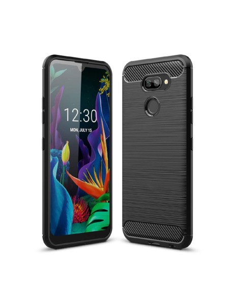 CUSTODIA per LG K40S, K40S DUAL SIM - IN GEL TPU SILICONE EFFETTO METALLICO CON INSERTI IN FANTASIA CARBONIO COLORE NERO