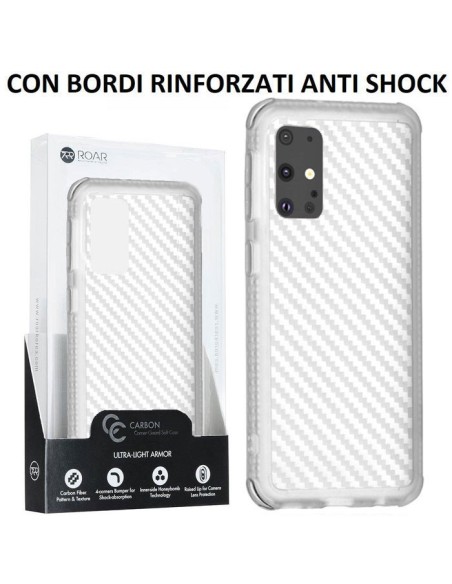 CUSTODIA per SAMSUNG GALAXY S20 PLUS (SM-G985) - IN TPU BIANCO TRASPARENTE EFFETTO CARBONIO, BORDI RINFORZATI ANTI SHOCK ROAR