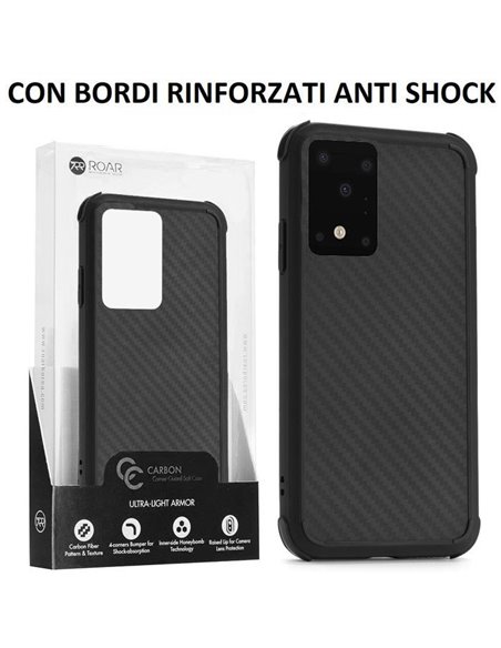 CUSTODIA per SAMSUNG GALAXY S20 ULTRA 5G (SM-G988) - IN SILICONE NERO EFFETTO CARBONIO CON BORDI RINFORZATI ANTI SHOCK ROAR