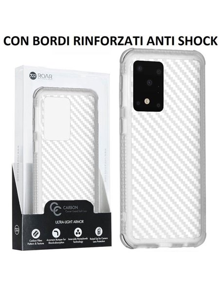 CUSTODIA per SAMSUNG GALAXY S20 ULTRA 5G (SM-G988) - IN TPU BIANCO TRASPARENTE EFFETTO CARBONIO, BORDI RINFORZATI ANTI SHOCK ROA