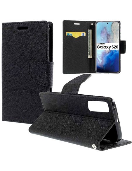 CUSTODIA per SAMSUNG GALAXY S20 (SM-G980/SM-G981) - FLIP ORIZZONTALE CON STAND, INTERNO IN TPU SILICONE E PORTA CARTE COLORE NER