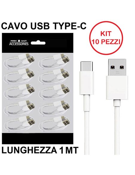 CAVO USB TYPE-C 3.1 - LUNGHEZZA 1 MT COLORE BIANCO CONFEZIONATO IN BUSTINA KIT 10 PEZZI